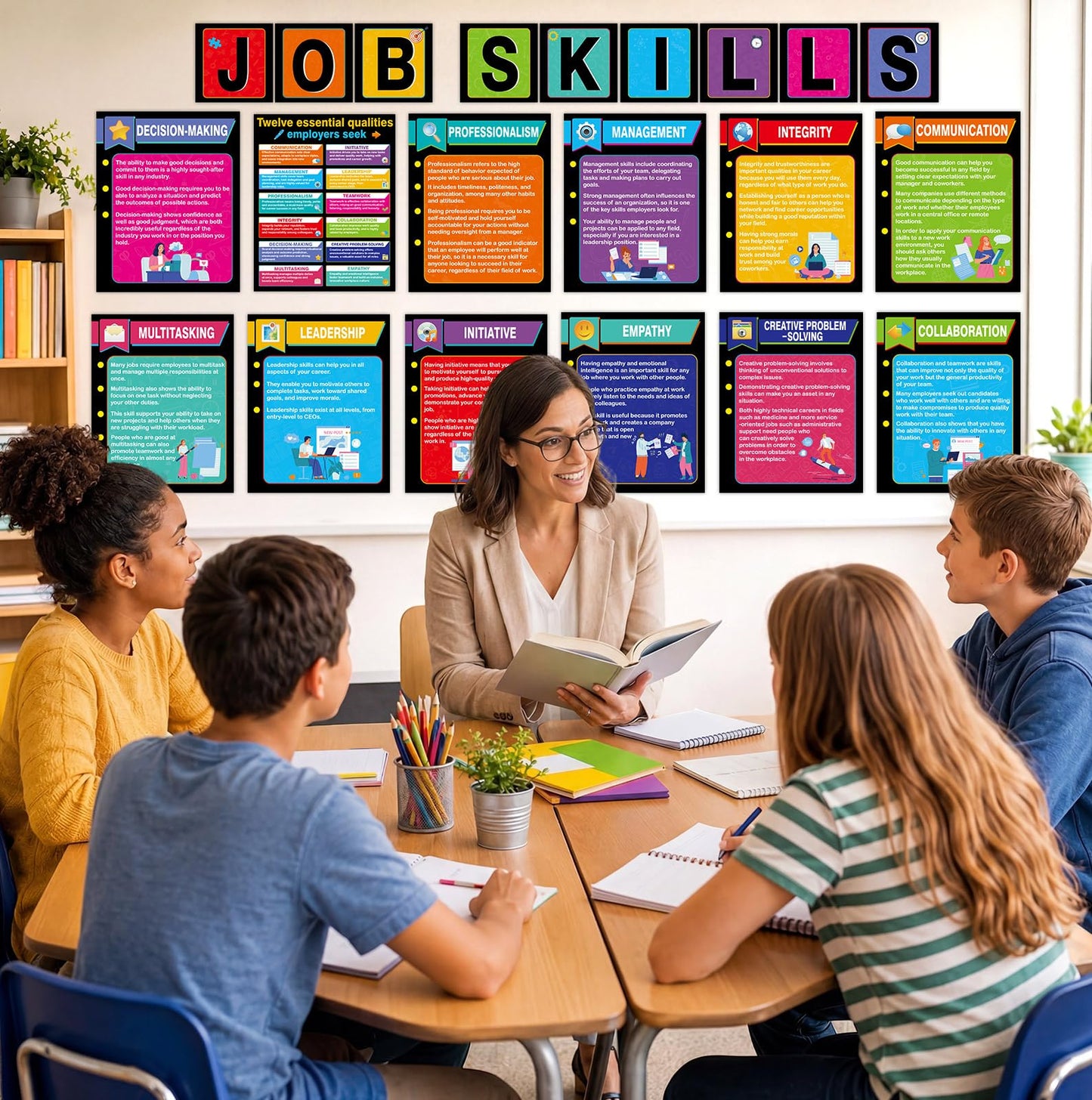 22 Pcs Job Skills Posters Back to School Classroom Decorations Essential Qualities Employer Seek Posters Educational Bulletin Board Set for High School College Library Workplace Wall Decor, Coloful
