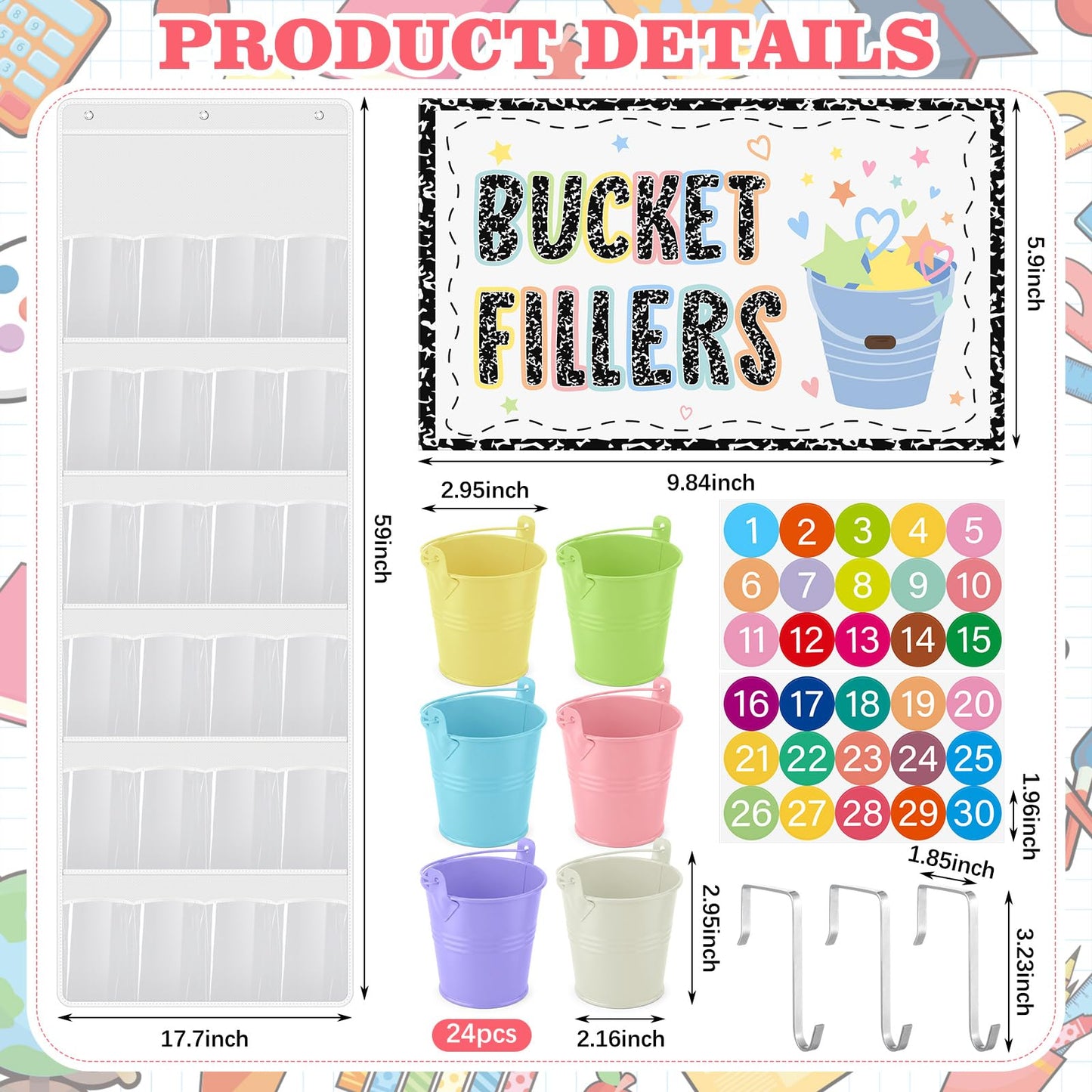 Yoojahow 24 Set Back to School Classroom Management Tools Mini Reward Bucket Filler Activities Have You Filled a Bucket Today Positive Behavior Reward for Teacher Preschool Classroom(Light Color)