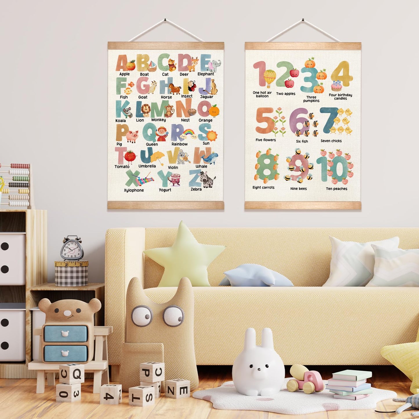 JIANGDAYO Educational Wall Art Decor for Daycare Set of 2,ABC Alphabet and 1-10 Number Chart Canvas Print Poster for Preschool, Toddler Learning Poster for Nursery Classroom Playroom 14x18.5inch