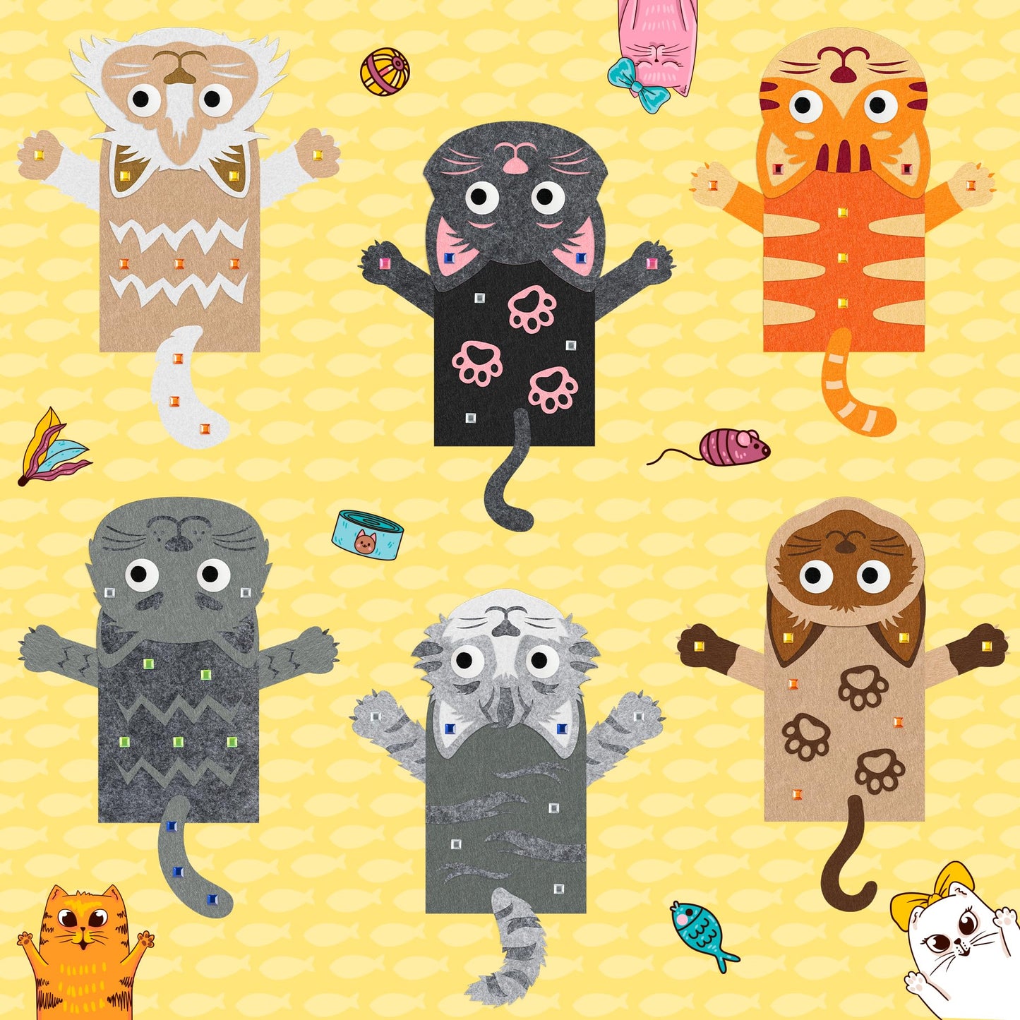 WATINC 6Pcs Hand Puppet Making Kit, Art Craft Felt Sock Puppet Toys, Creative DIY Make Your Own Pompoms Wiggle Googly Eyes Storytelling Role Play Party Supplies Gift for Girls Boys (Cat A)