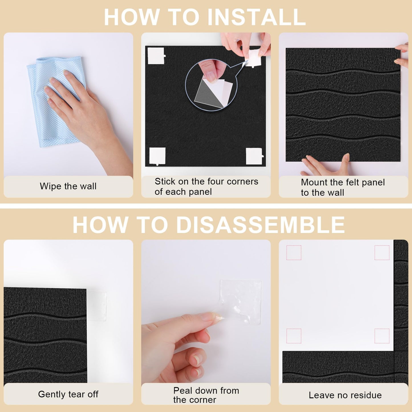 AKONEGE Felt Bulletin Board Tiles 12 Pack, 48" x 36" Cork Board Alternative, DIY Pin Board Wall Tiles for Photo Wall, Vision Board, Dorm Room & Home Office Decor, Stick-On with Adhesive Tabs, Black