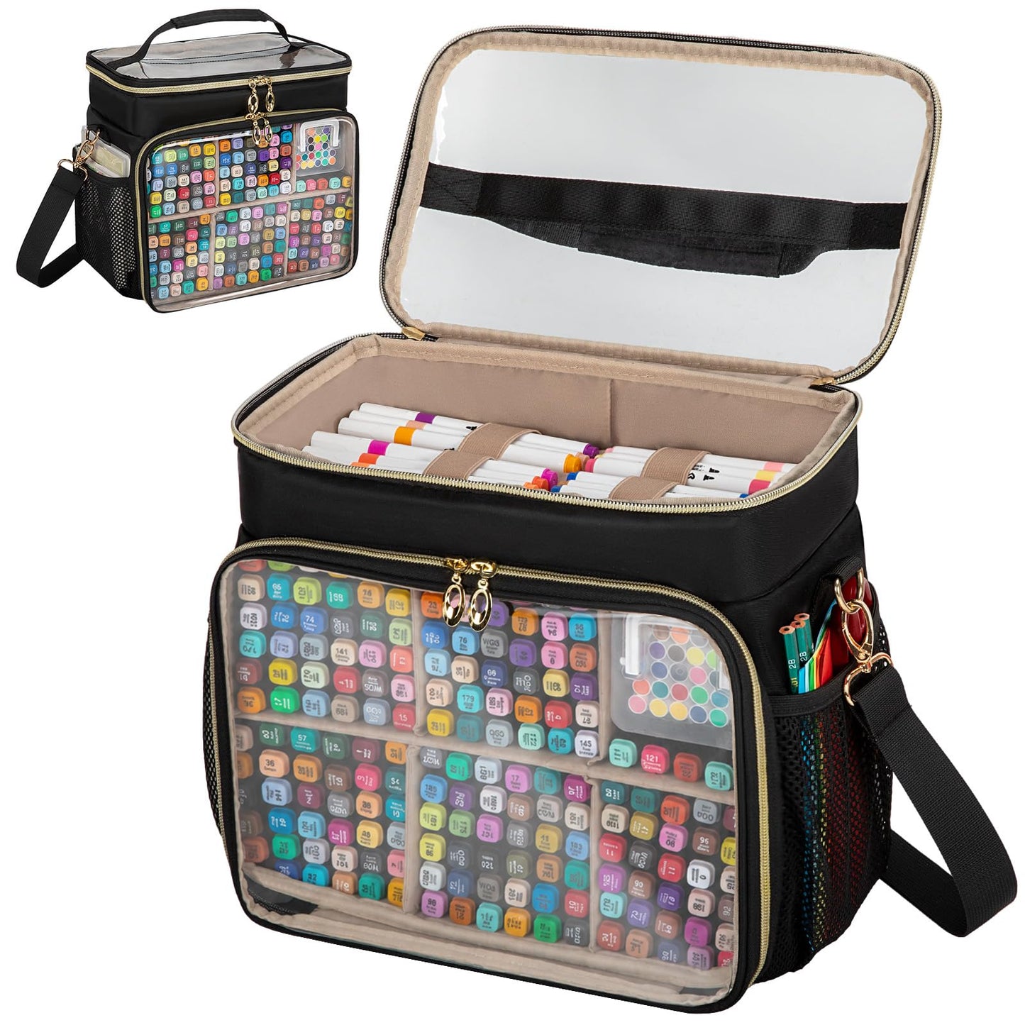 Wigojoy Large Marker Organizer Case for 200-300 Markers, Double-Layer Marker Bag with Removable Dividers, Marker Organizer for Markers, Pencils, Crayons or Other Art Supplies, Black (Bag Only)
