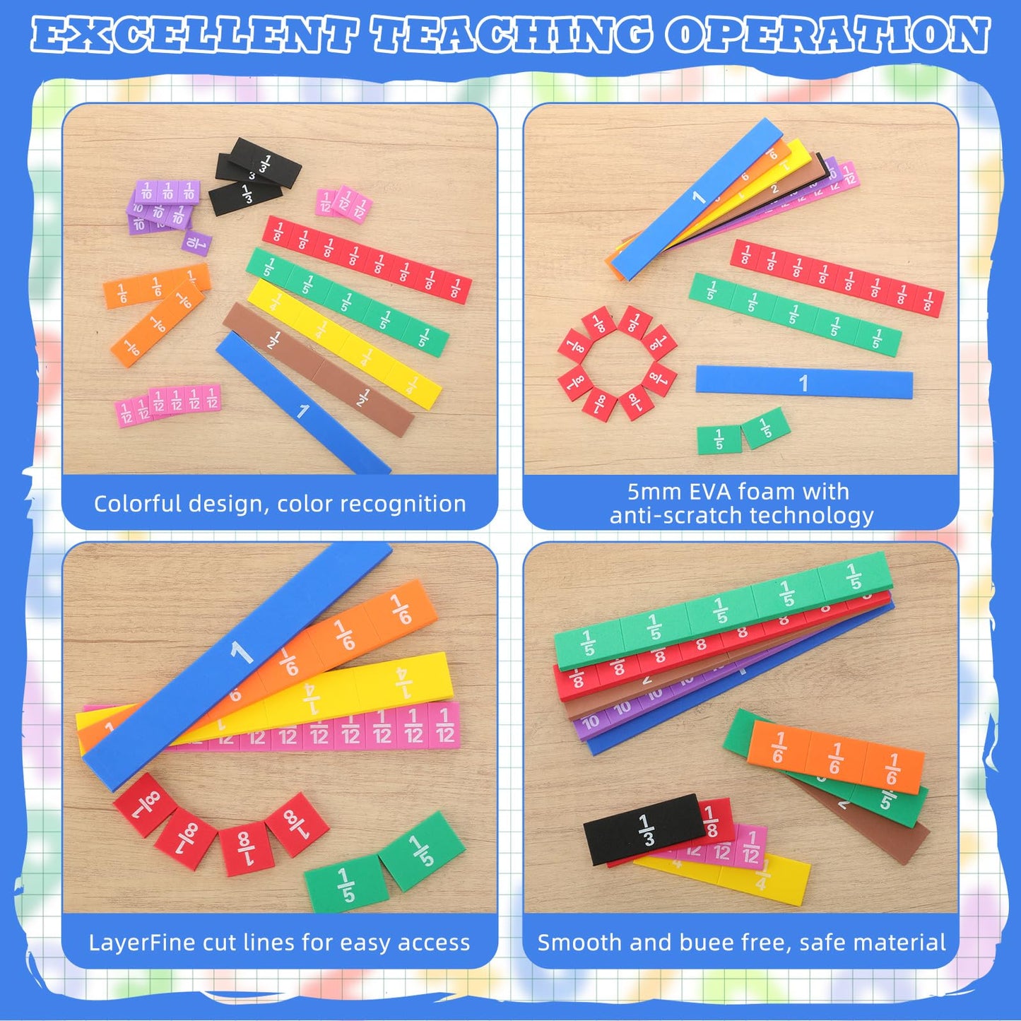 Sayglossy 1 Set Jumbo Magnetic Fraction Tiles Set for Rainbow Teacher Math Manipulatives for Learning Large Education Visuals Fraction Games Supplies 16 Inch Square