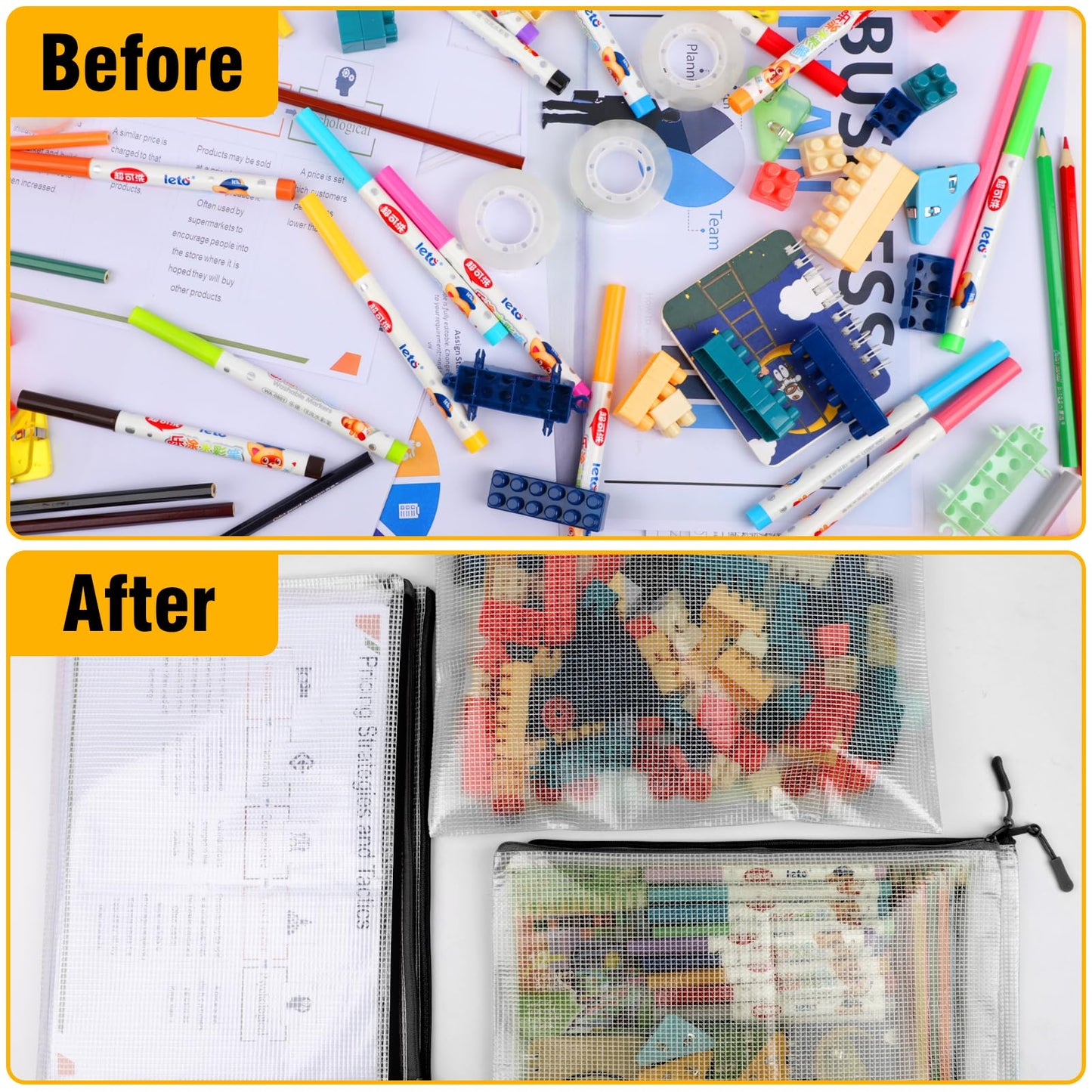 YOPCDJ 24pcs Large Mesh Zipper Pouch File Bags Reusable Zippered Pouches for Organizing Classroom, Board Game Storage, Puzzle Bags Black