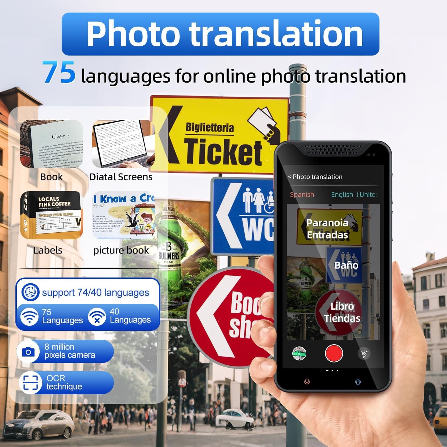 Language Translator Device with 5-inch HD Screen, Real Time Language Translator No WiFi Needed with 139 Languages, Online/Offline/AI/Voice/Photo Translation for Business Learning Travel