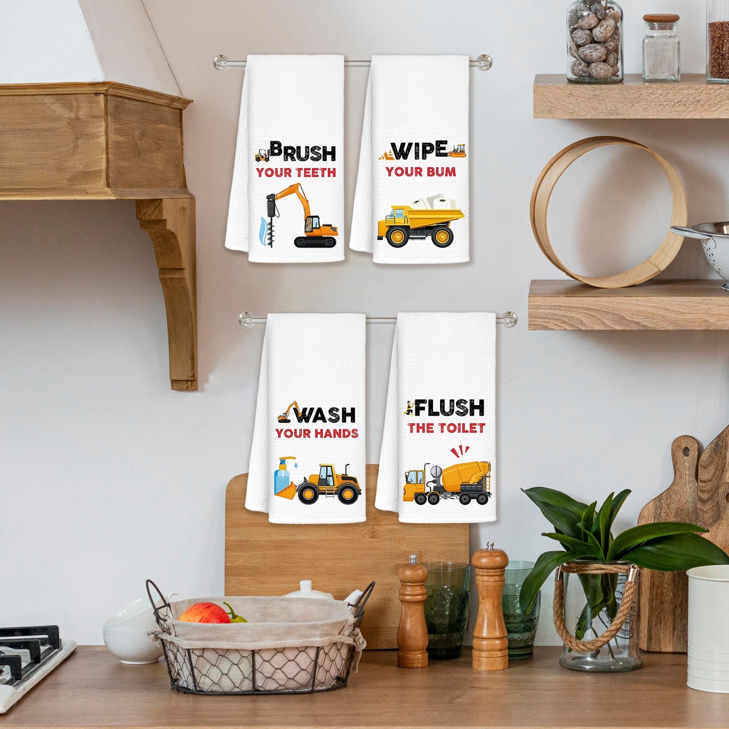 CIOJUNE Kids Construction Decor, Truck Towels for Kids Bath Towels 16x24 Bathroom Decor Sets of 4 - Wash Your Hands Toddler Boys Girls Bathroom Decor
