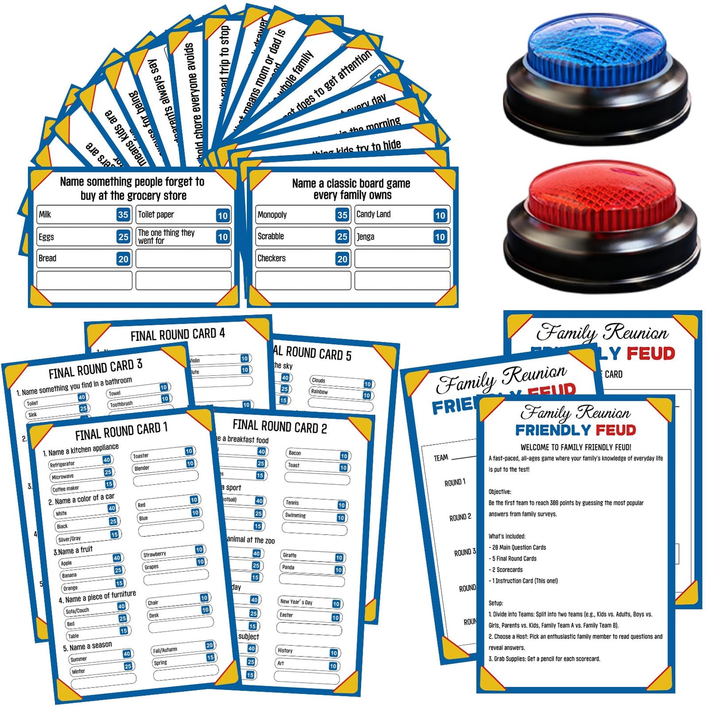 Xminc Family Feud Game for Adults and Kids with 2 Buzzers, Fun Trivia Quiz Card Game for Family Game Night, Holiday Gathering, Party & Team Building, Interactive Board Games for Group Activities