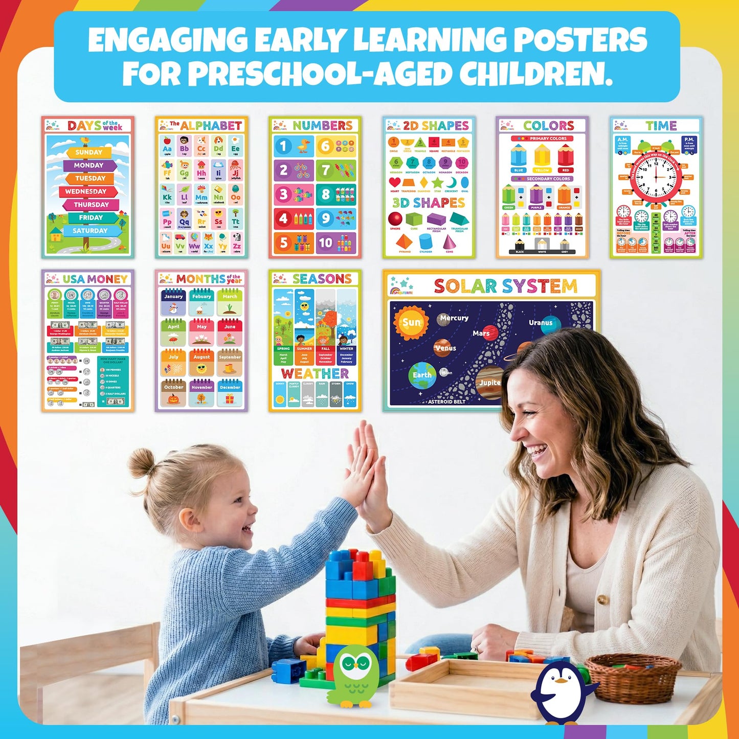 Sproutbrite 12 Pack 11" x 17" Academic Foundation - Educational Posters & Charts for Classroom - Covers Geography, the Solar System, time, Alphabet Recognition, 2D Shapes and More