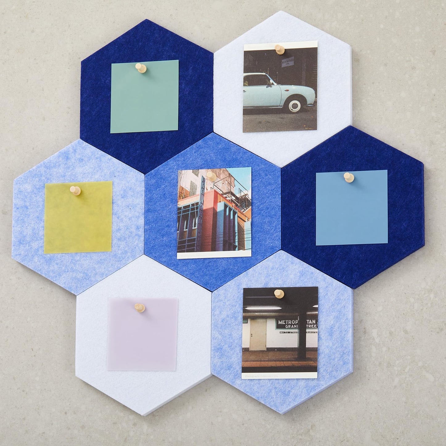 Mindsoft 16 Pcs Hexagon Cork Board for Walls with 50 Wooden Push Pins 6.7 x 5.9 in Felt DIY Tiles Notice with Nano Tape Hanging Bulletin Board for Home Photo Office Memo Note (Blue)