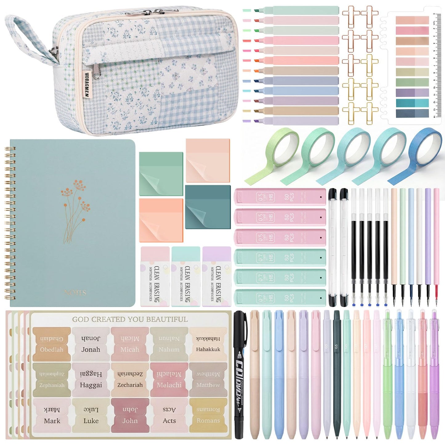WOBAGMEN 76PCS Bible Study Supplies Kit for Women, Journaling Set with No Bleed Highlighters, Laminated Bible Tabs,Notebook, Quilted Pencil Case, Bible Accessories Set Beginner Christian Gifts