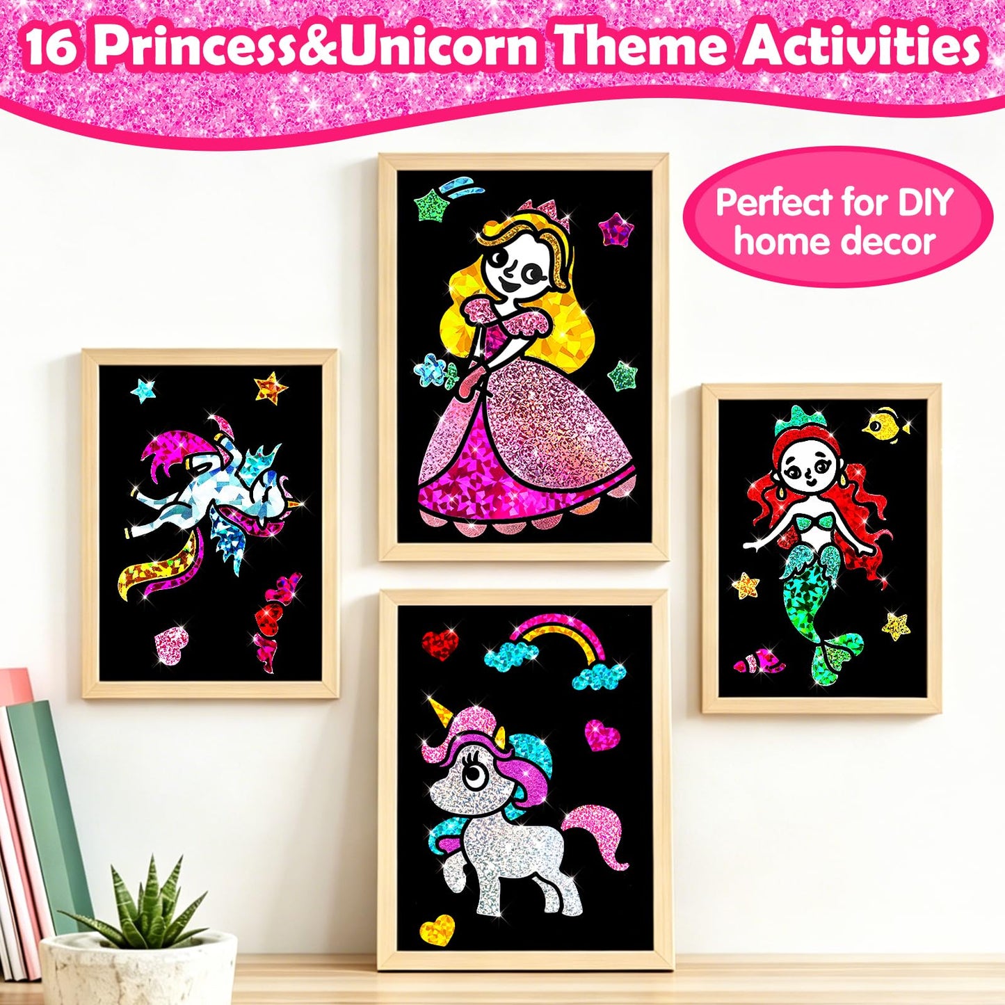 FUNNYB&G Foil Art Craft Kit for Girls 4-10 Years Old: Mess-Free & No-Glue, Create 16 Sparkly Princess Unicorn Pictures – Perfect Travel Toy & Birthday Gift for Kids (Princess)