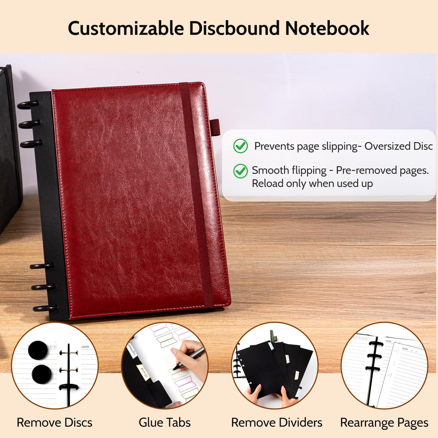 Yoment Refillable Notebooks for Work Discbound: Hardcover Notebook with 5 Subject Removable Dividers Tabs Colleged Ruled Large Journal for Writing Women Men 240 Pages,Dark Red