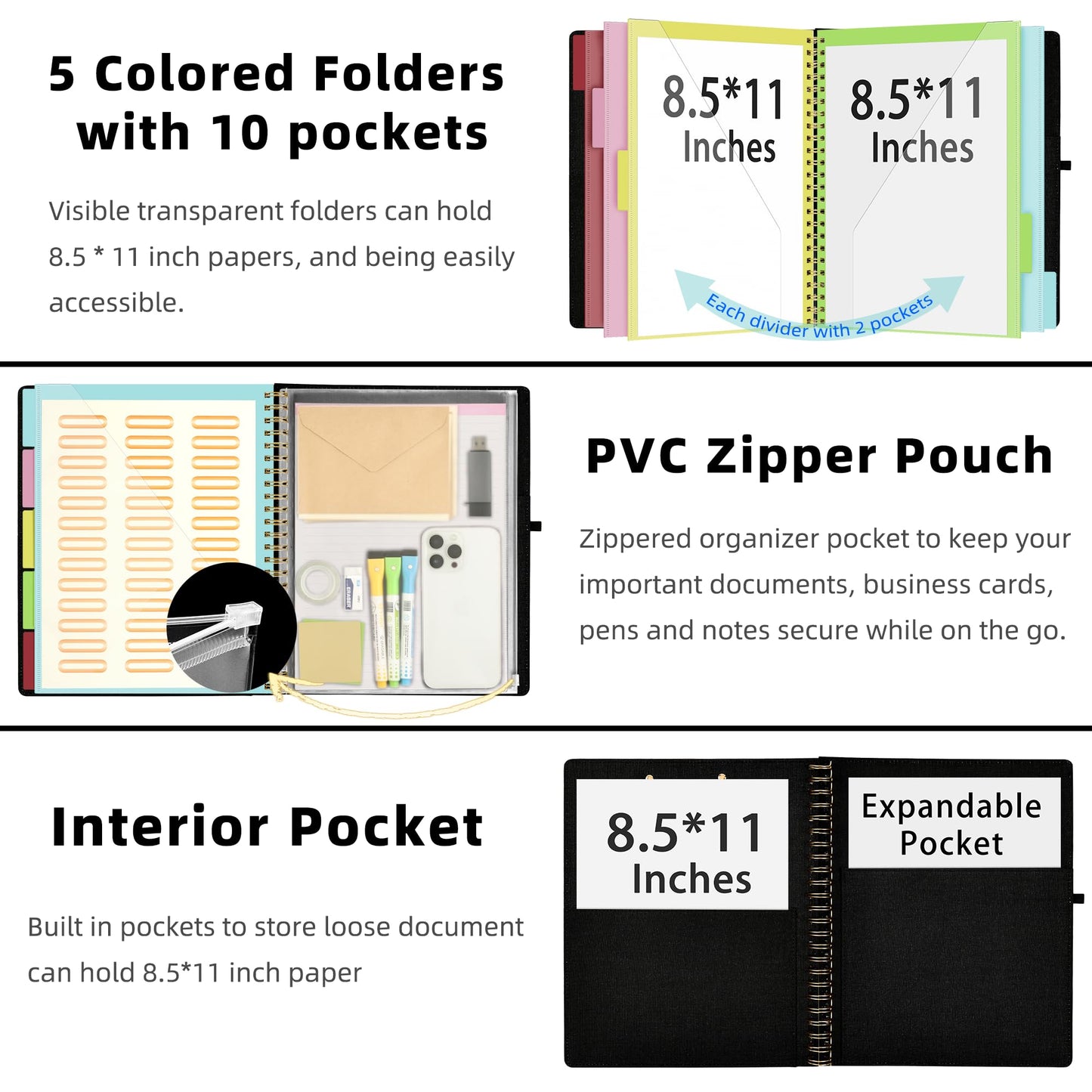 Ospelelf Black Foldable Spiral Clipboard Folio with Storage Zipper Pouch, 5 Plastic Folders with 10 Pockets,Refillable Lined Notepad (11" x 8.5"), Hardcover Project Organizer with 39 Stickers