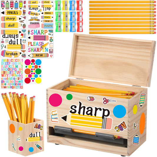 Watersay 108 Pcs Pencil Dispenser Kit for Classroom Wooden Sharp and Dull Pencil Holder 50 Pencils 50 Sharpener 6 Sticker Classroom Teacher Must Have Straw Dispenser for Back to School(Wood Color)