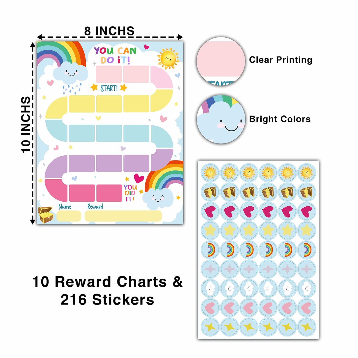 10 Rainbow Reward Chart with 216 Round Stickers, Incentive Behavior Chart for Kids at Home Classroom, Kids Routine Daily Chore Sticker Chart-A10