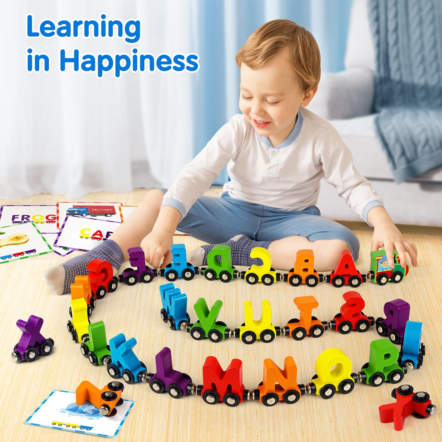 Helsort 27 PCS Magnetic Wooden Alphabet Train Set, ABC Learning Toy with 42 Flash Cards, 1 Engine and Storage Bag, Educational Letter Toy Trains for Toddlers, Boys Girls, Ideal Gift for 3-7 Year Olds