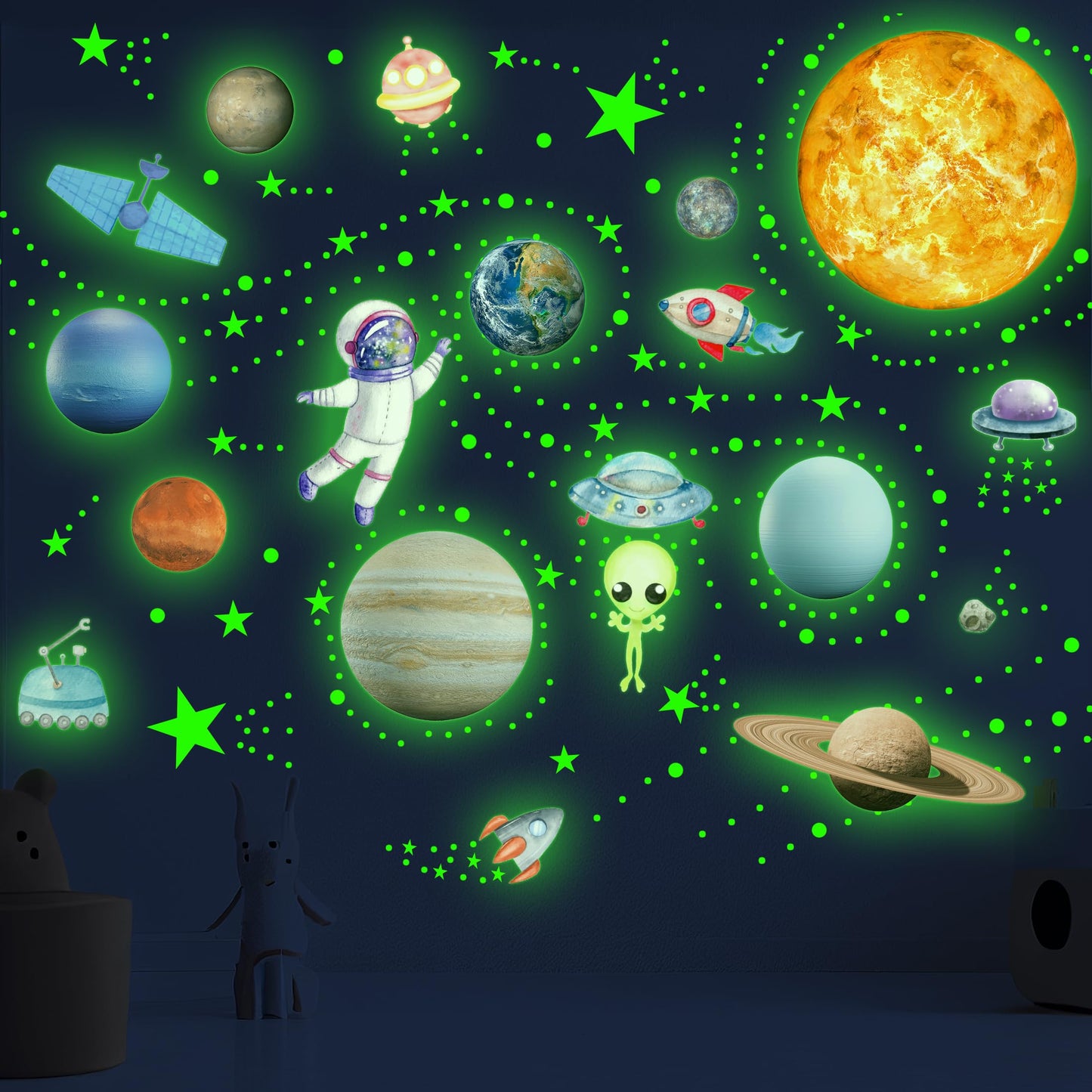 Glow in The Dark Stars Solar System Wall Decals, Star and Planets Stickers for Ceiling, Wall Sticker Decor for Kids Boys Room (Green)