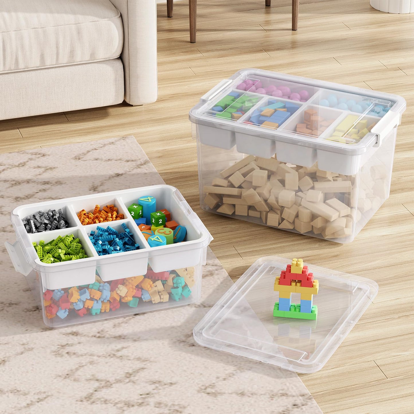 HOMETUK 20Qt Stackable Storage Bin with Lid & Tray, Clear Plastic Latching Box Organizer with Divider Portable 5Gal Container for Arts & Crafts, Home and Car Trunk Organization, 1Pack