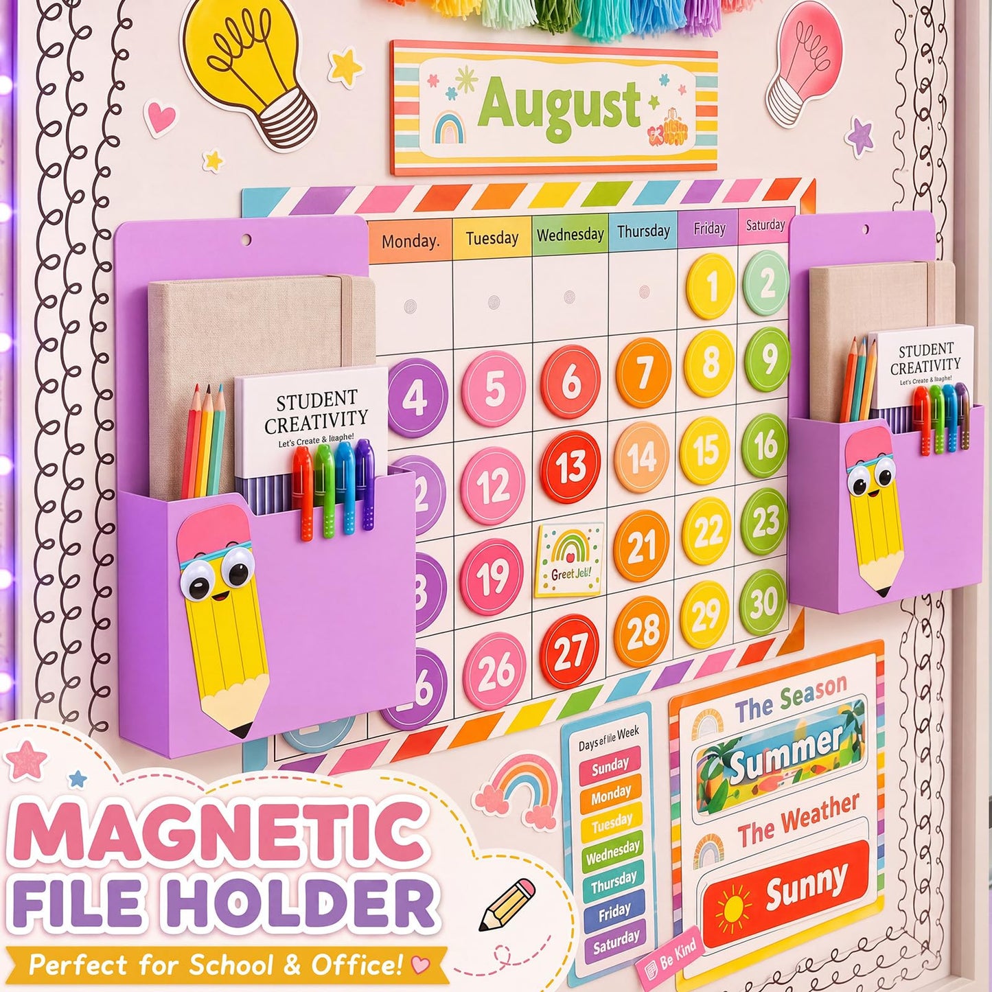 Gilprop 2 Pcs Pencil Pink Magnetic File Folder Holder Pocket File Organizer Classroom Decor Teacher Desk Accessories for Whiteboard Mail Paper Book No Drilling School Desk Door Classroom Essential