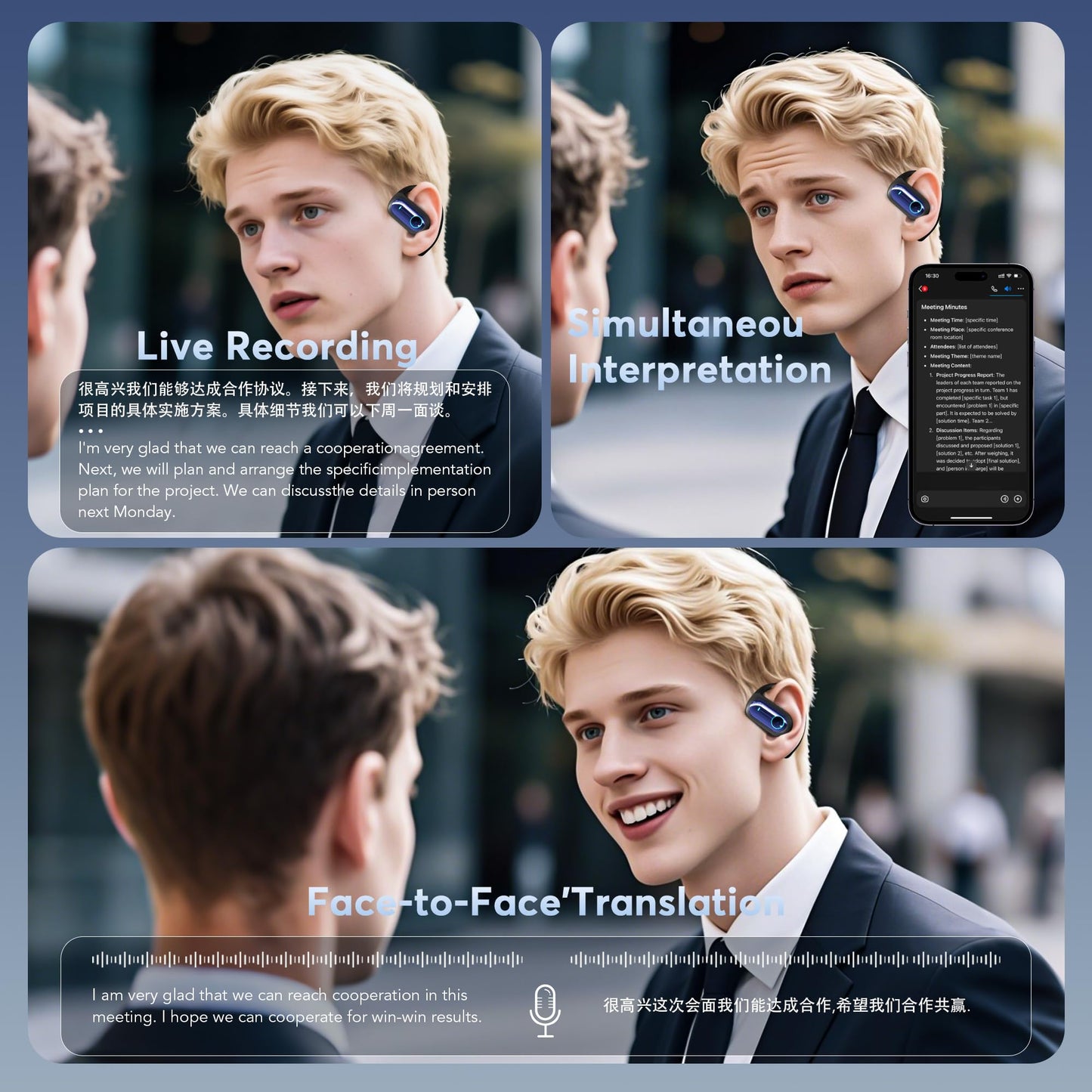 MOZC 168 Languages AI Live Translation Earbuds, 4-in-1 Smart Mode Bluetooth 5.4 Touch Screen Earphones Real-Time Headphones Translator, Fit iOS and Android Ideal for Business and Learning, Deep Blue