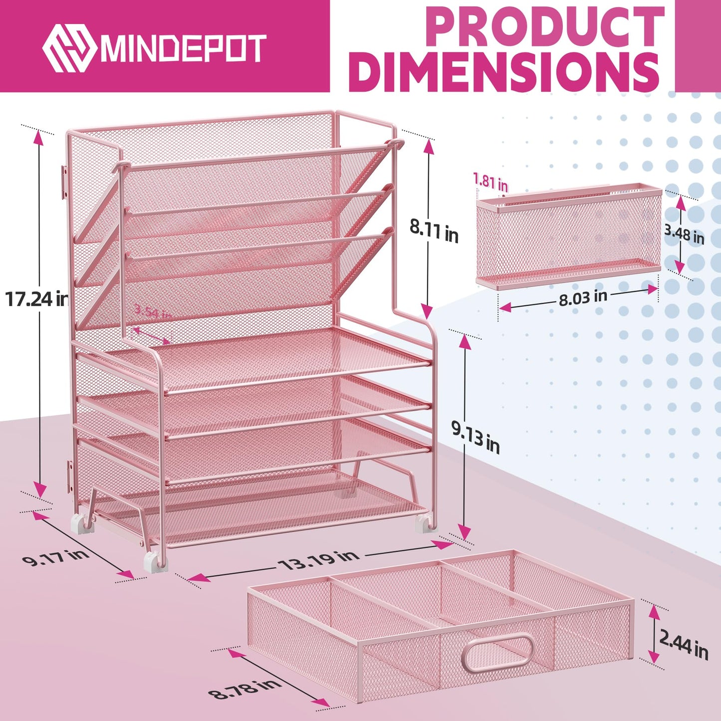 MINDEPOT 4-Tier Paper Organizer + 3-Pocket File Holder + Drawer + Pen Holders, Desktop File Organizers Paper Tray for Office Supplies School Classroom Organization (Pink, with Drawer & Pen Holder)