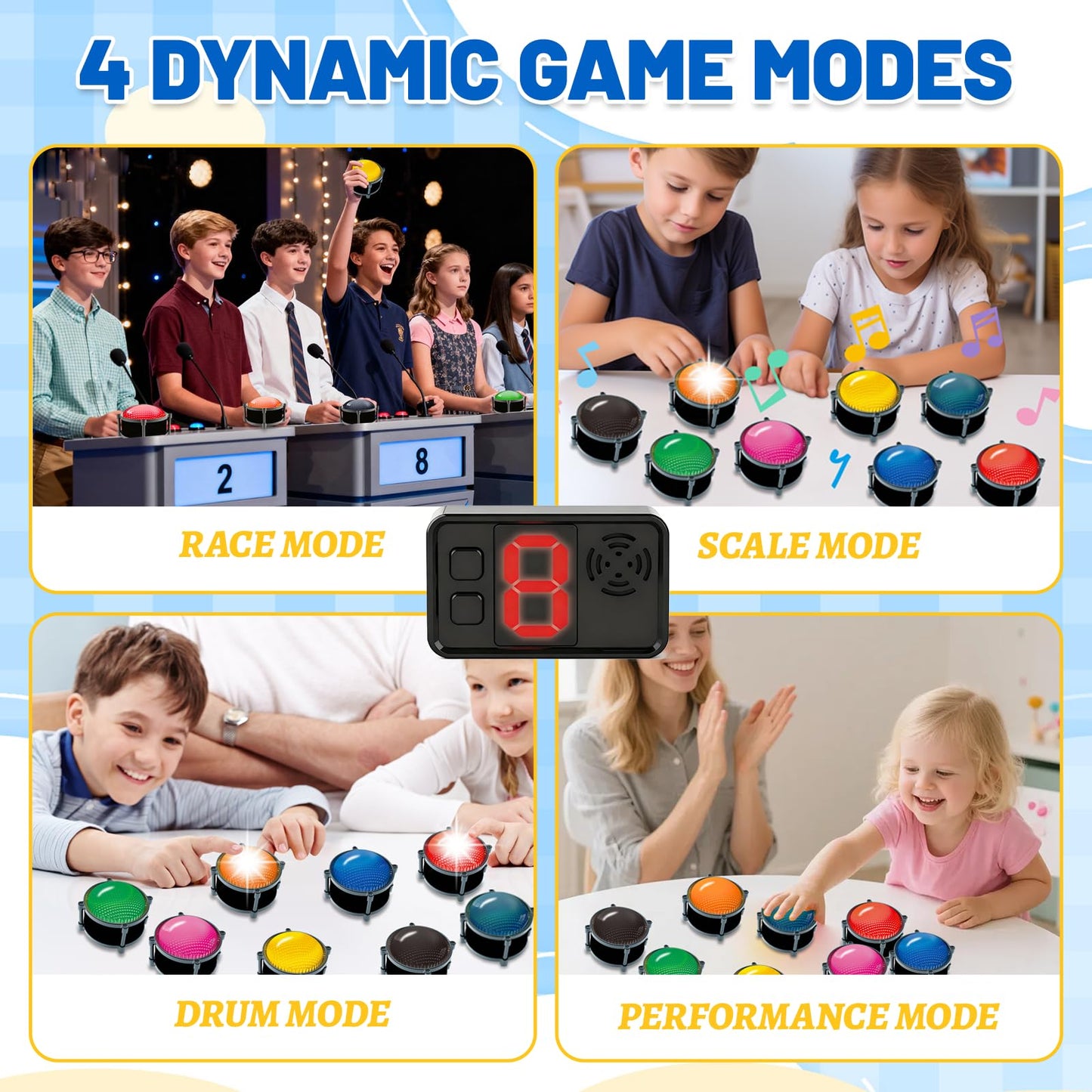 Set of 8 Buzzer for Game Show, Educational and Classroom Quiz, Family Games Night, Jeopardy Trivia, Show Who Buzzed First, 4 Modes, 50m(164Ft)-Buzzer System for Game Show, School