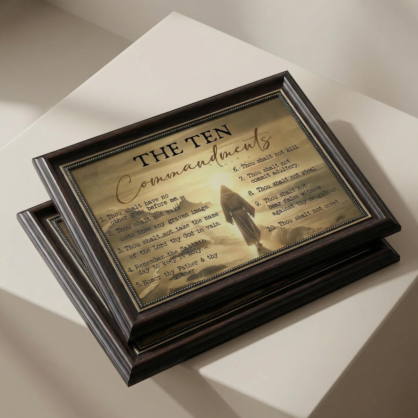 Dark Brown Framed The Ten Commandments Canvas Wall Art Jesus Christ Wall Decor Picture Christian Inspirational Quotes Poster Print Painting for Church Living Room Bedroom Home Decoration