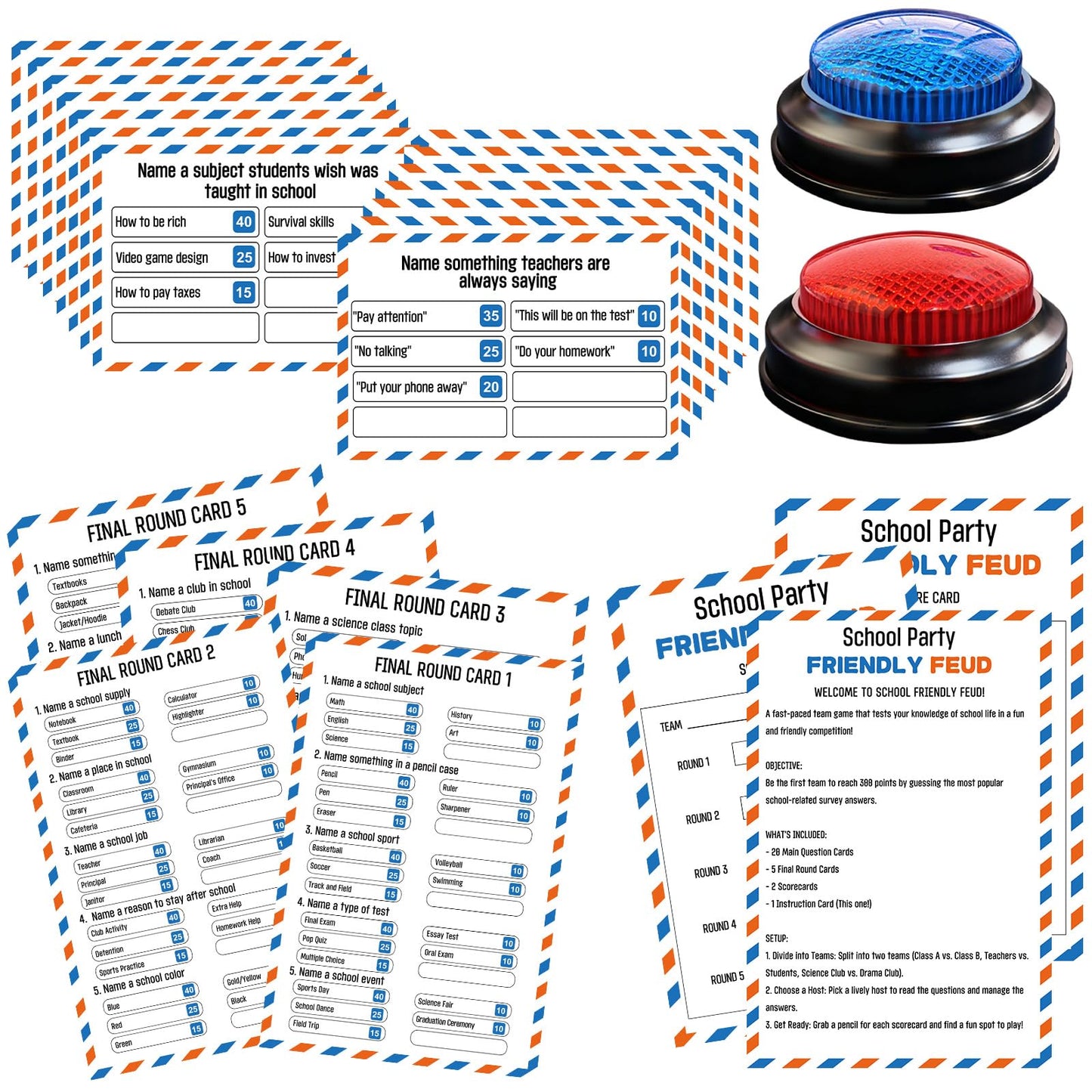 IIDEA School Party Friendly Feud Game with 2 Answer Buzzers, Graduation Team Building Class Reunion Feud Cards for School Game Night Fun Trivia Quiz for Students Teachers Groups Holiday Gatherings