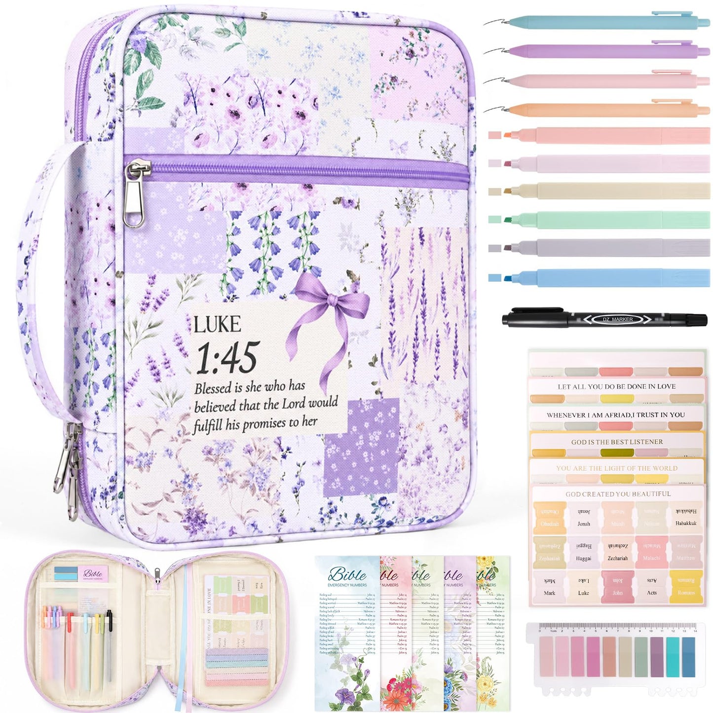 XKDOUS Bible Cover for Women Church Book Holder Canvas Patchwork Carrying Case with Handle, Study Supplies Carrier Portable Bible Bag Journaling Kit Christian Gifts for Mom, Friends