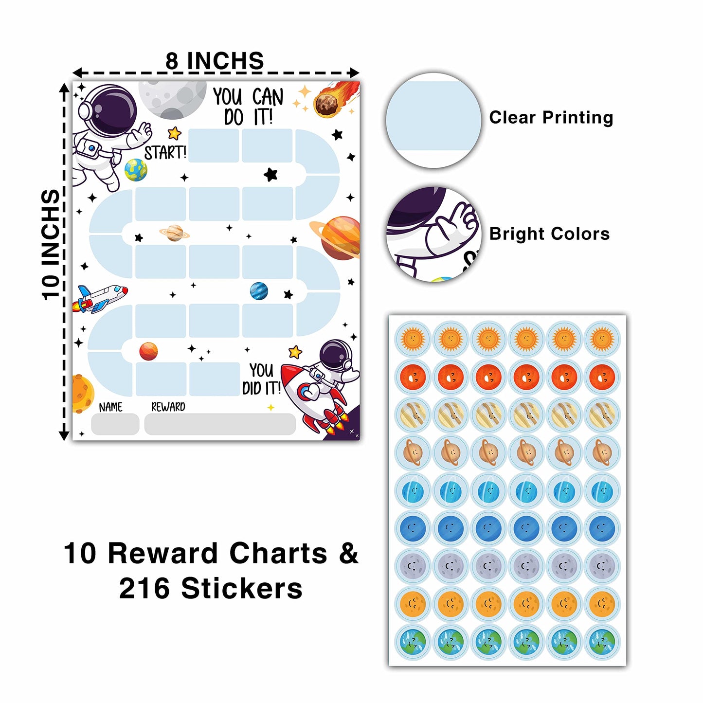 10 Outer Space Astronaut Reward Chart with 216 Round Stickers, Incentive Behavior Chart for Kids at Home Classroom, Kids Routine Daily Chore Sticker Chart-A18