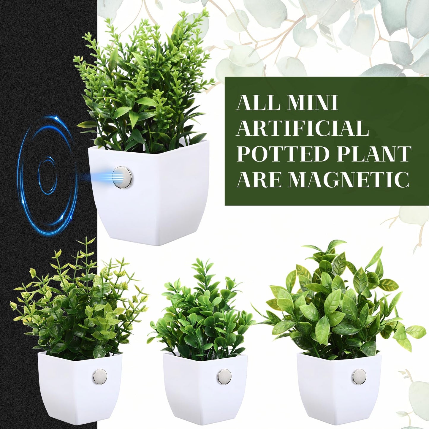 Suncalla 4 Pack Mini Magnetic Fake Plants for Classroom Whiteboard Small Artificial Potted Plants with Faux Flowers Decorative 3D Magnets for School Office Home Decor(Greenery)