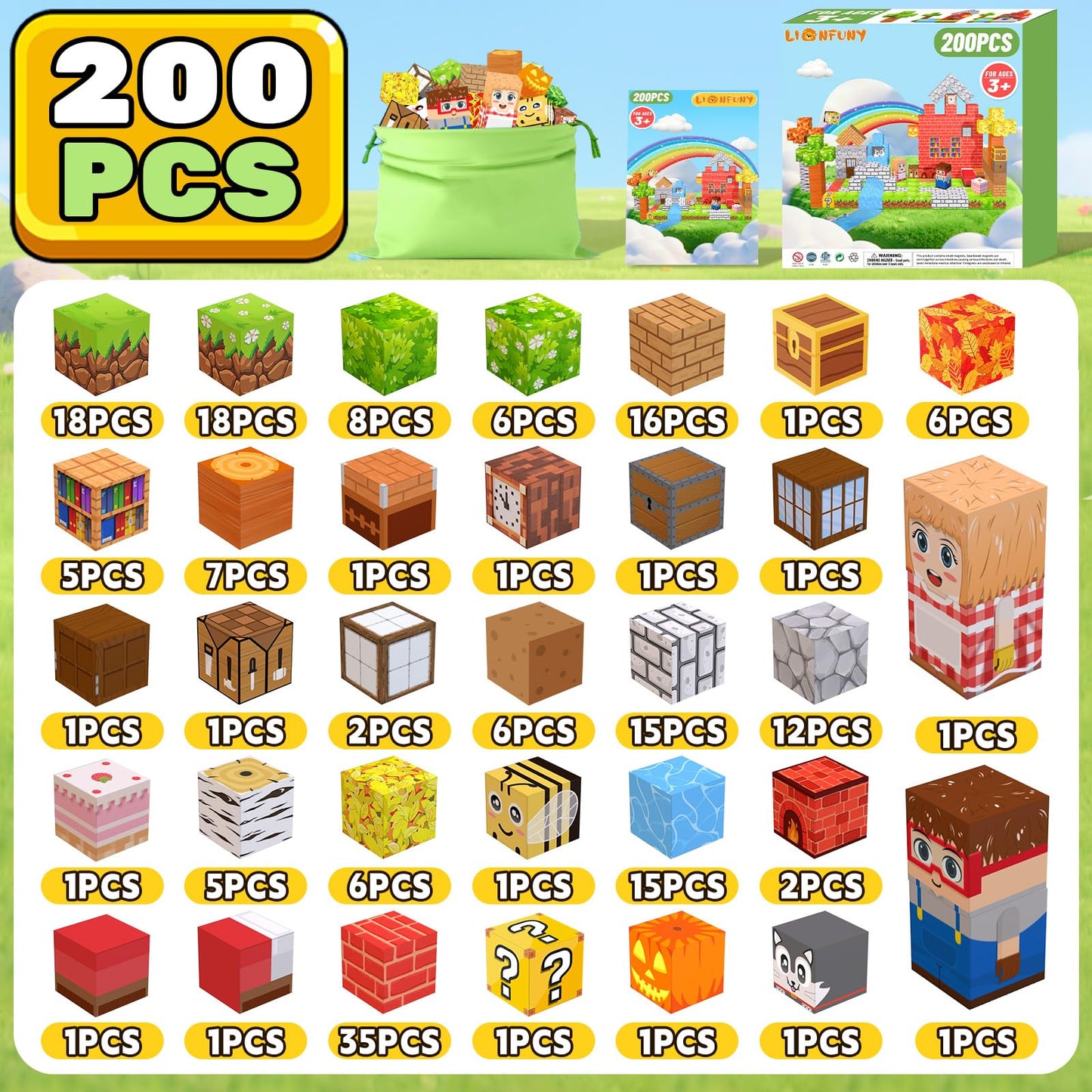 LionFuny 200PCS Magnetic Blocks,Magnetic Building Blocks Stacking Toys,Magnet Toys Building World Set, STEM Sensory Christmas Birthday Gift for Toddlers Boys Kids Age 3 4 5 6 7 8,Upgrade 1" Large Size
