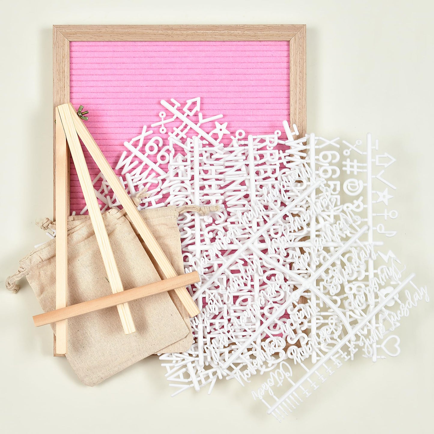 Felt Letter Board with 402 Letters, Numbers & Symbols - 12 x 16 inch Large Changeable Message Board with Wooden Frame Wall Mount Hook, 2 Canvas Bags, Wood Stand (Pink)