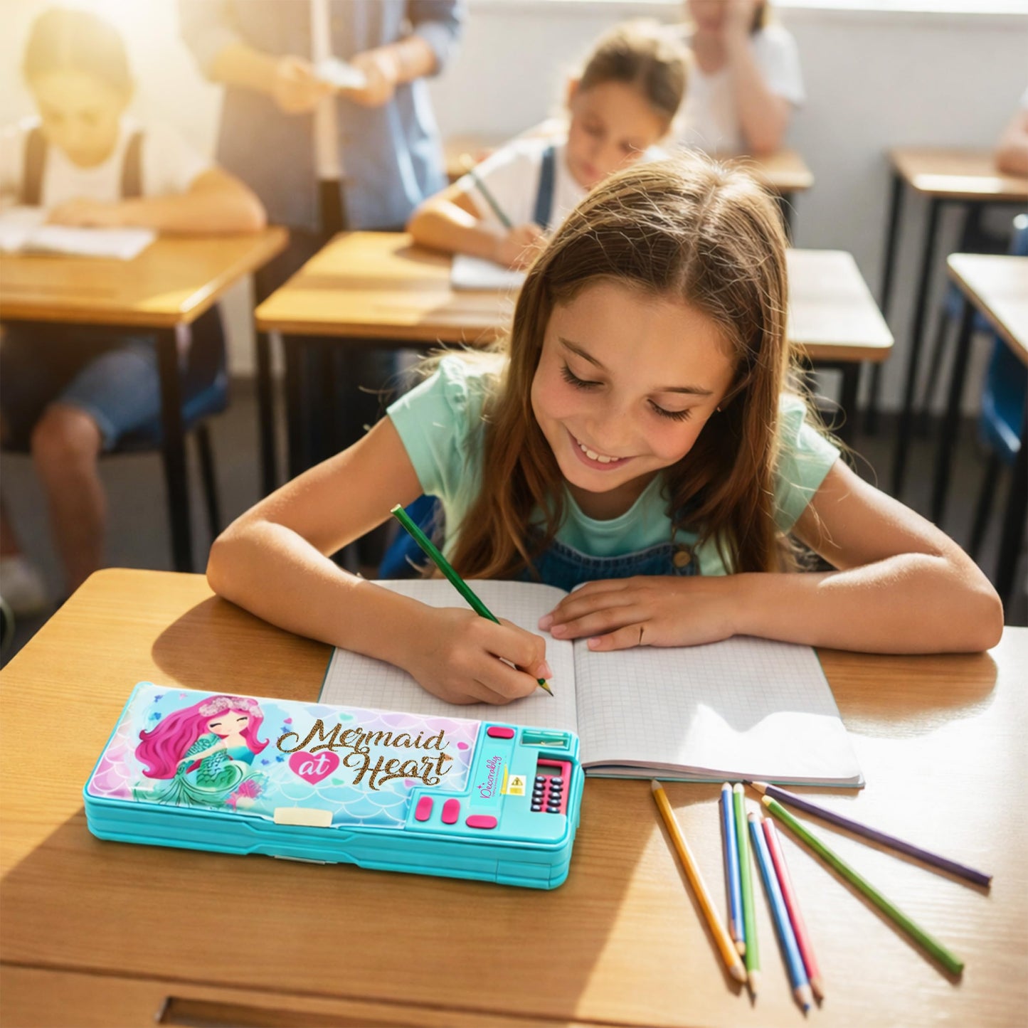 Decorably Pop Up Multifunction Mermaid Pencil Case for Girls, with Calculator, Sharpener, Pen Slots, Mini Drawer and 2 Main Compartments with Magnetic Closure - Back to School Gift for Kids