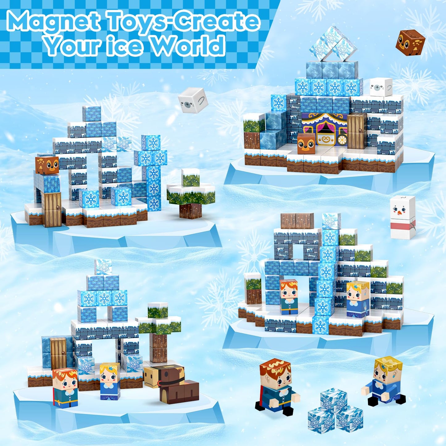Gryxpox 100pcs Magnetic Blocks, Magnetic Blocks for Kids Ages 4-8, Magnetic Cubes Sets for Frozen Princess Castle Build, Stacking Magnets for Kids, Birthday Gifts for Boys and Girls Age 3+ Years Old