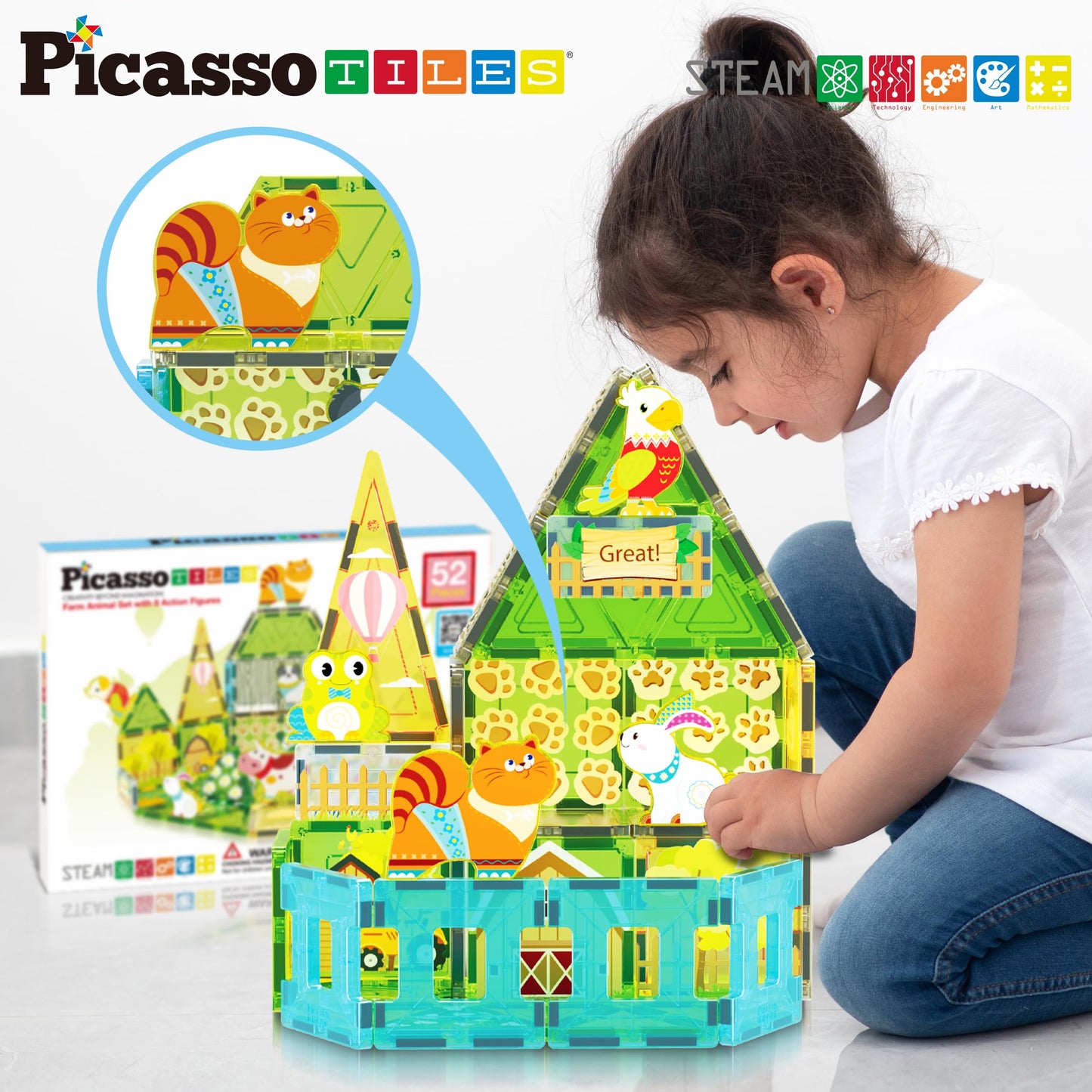 PicassoTiles Magnetic Tile Farm Animal Building Playset with 8 Character Figures STEM Construction Toy for Kids Age 3 Plus Educational Pretend Play Learning Blocks Farmyard Creative Activity Kit PTQ17