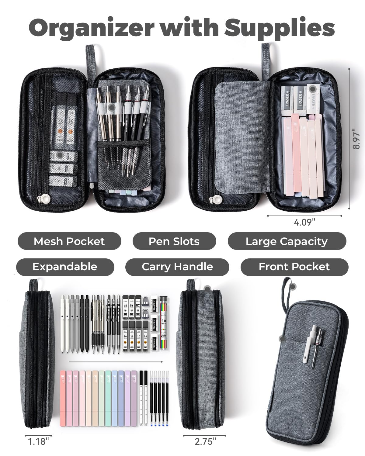 Four Candies 45 PCS Stationery Set with Pen Case, College Supplies and Nursing Student Essentials, 12 Pastel Highlighters, 6 Black Gel Pens, 6 Mechanical Pencils, Black