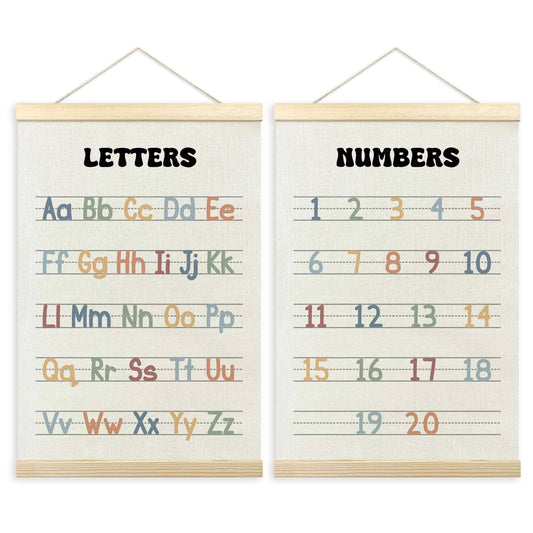 TLESKE Alphabet ABC Numbers Chart Poster Hanger Frame for Toddler Kid Classroom Set of 2, Homeschool Hanging Wall Art Decor for Nursery Playroom, Preschool Prek Learning Educational Poster, 16x24