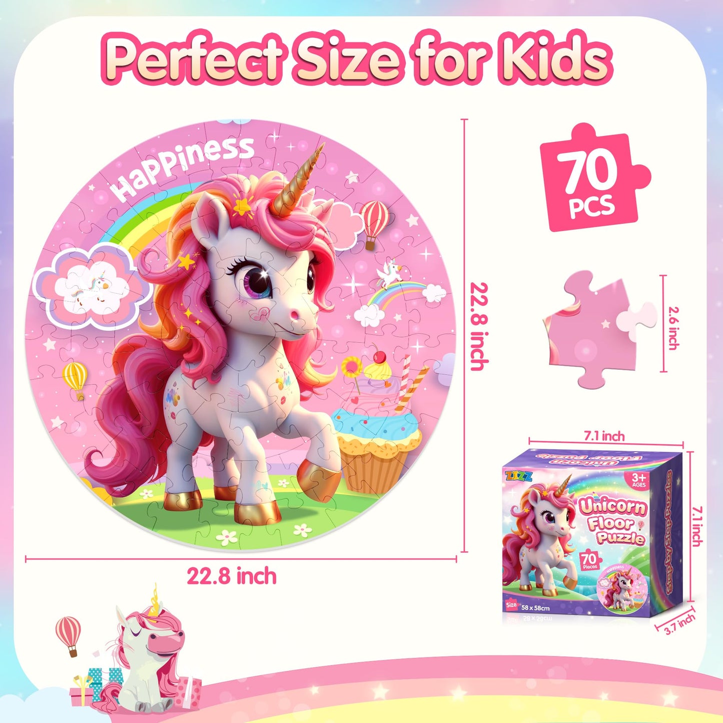 ZIZZ Unicorn Toy for Girls Kids - Best 70 Pieces Unicorn Floor Puzzle for Kids Age 3 4 5 6 7 8 Years Old Girls Learning & Educational Toys Toddlers Gifts for Birthday Easter Basket Stuffers Activity
