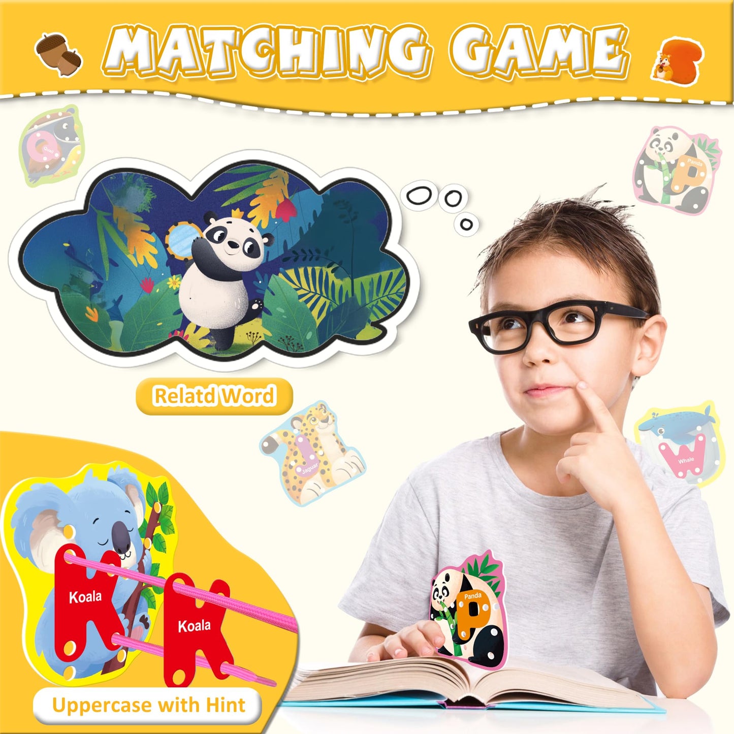 52 PCS Animals Lacing Cards for Kids Ages 3-5, Uppercase Sewing Cards Kits, Animal Alphabet Matching Games for Preschool Learning, Developing Fine Motor Skills Supplies