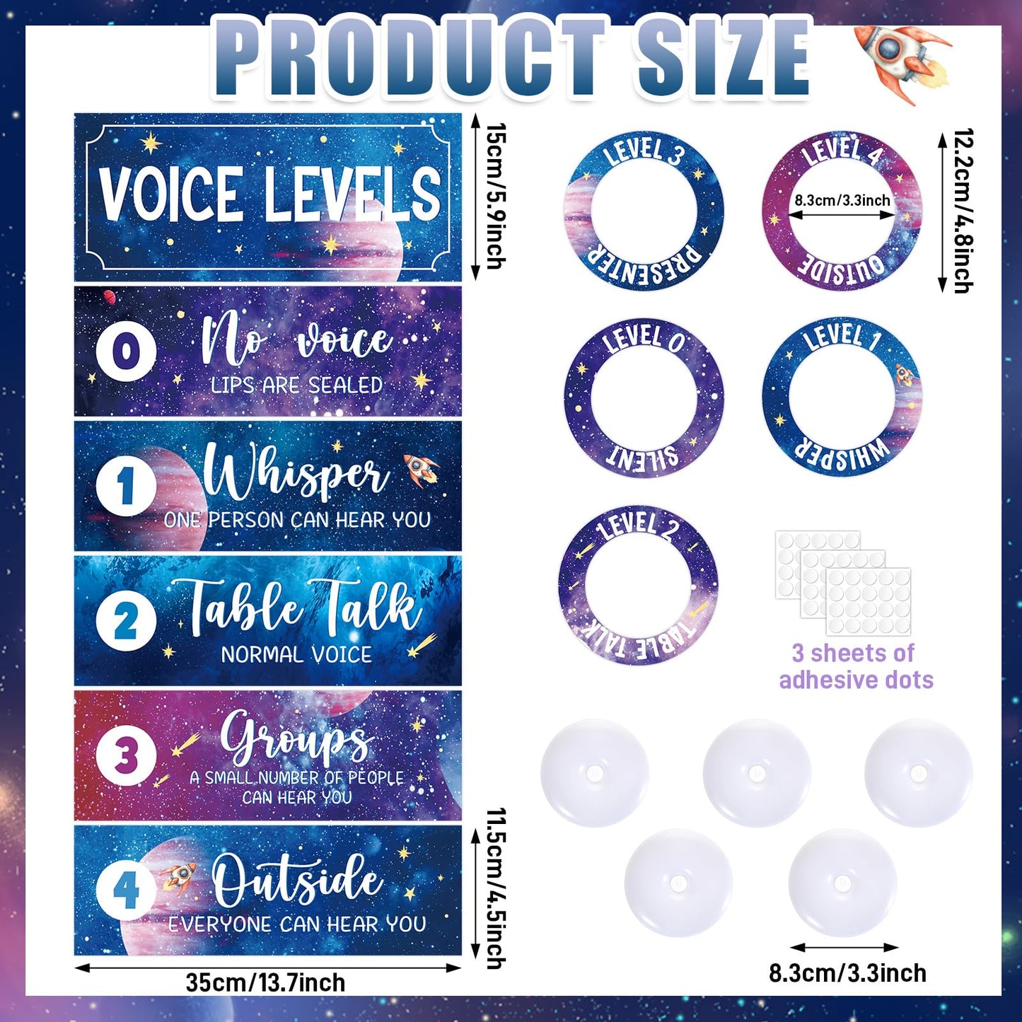 5 Pcs School Push Light and Voice Level Poster Voice Level Chart Monitor Rules Sign Galaxy LED Tap Light Classroom Rules Poster Solar System Classroom Management Tools for Teachers（Space Style）