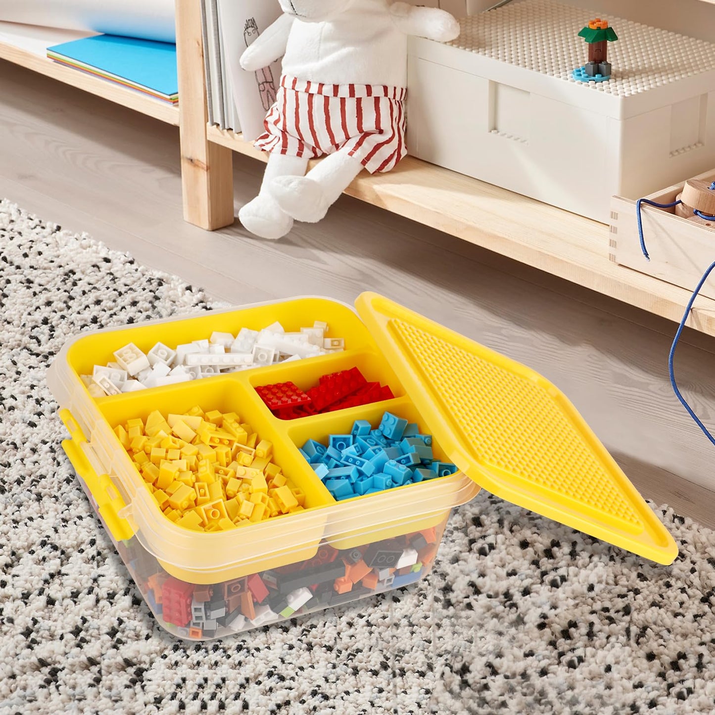 OGANAZI Plastic Storage Container with Bricks Baseplate Lid for Building Blocks, Bricks Building Set Organization Bin with Compartments Tray, Stackable Storage Box Building Block Chest Case (Yellow)