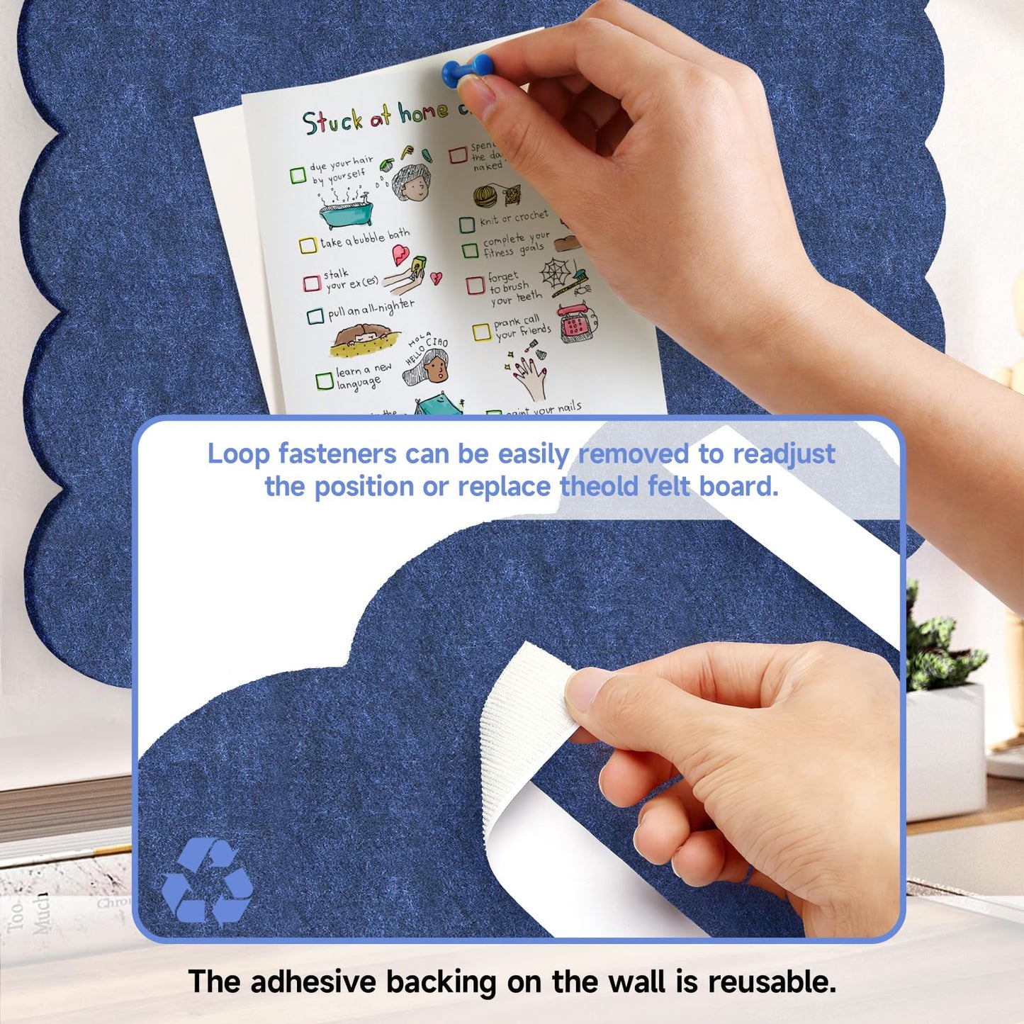 Felt Bulletin Board 36" x 24" Cork Board Alternative,Decorative Felt Pin Board Foldable Cork Boards for Walls Self-Adhesive Cork Board for Home Office Classroom Pin Board (Dark Blue)