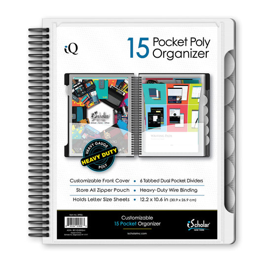 iScholar iQ+ 15 Pocket Organizer, 12.2 x 11 Inches, Tabbed Dividers, White (39906-WH)