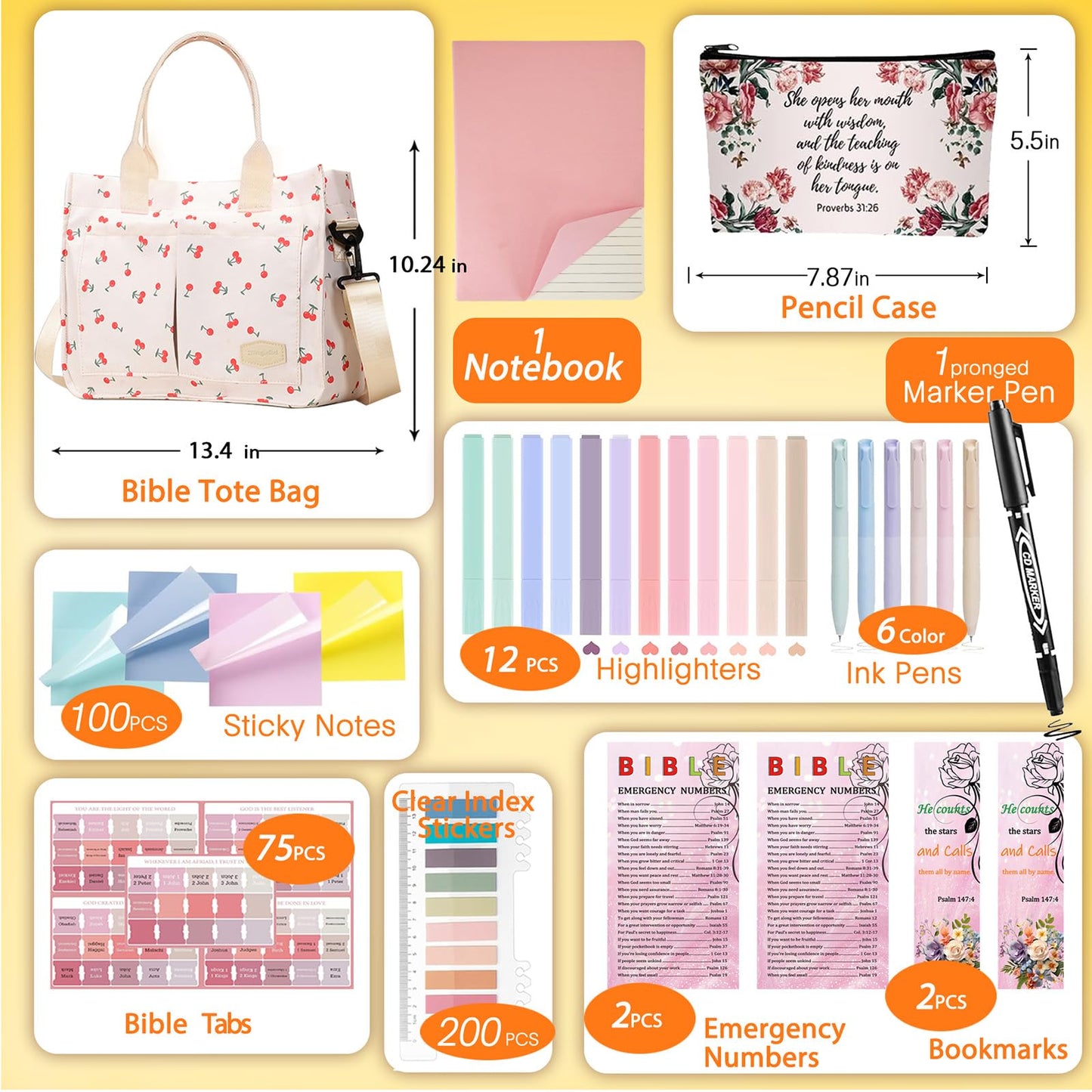 Cdnixwm Pink Bible Study Journaling Kit with Bag for Women, Annotation Kit with Highlighters and Pens, Pencil Case, Emergency Numbers, Notebook and More, Christian Gifts for Bible Study (White-L)