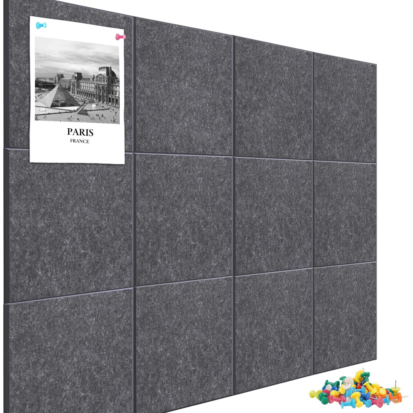 Large Cork Board Alternative 48" X 36" Bulletin Board - 12 Pack Removable Felt Wall Tiles with 30 pushpins, Large Cork Boards for Walls Cork Board for Office Pin Board Tack Board - Dark Gray
