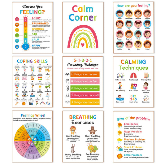 9 Calming Corner Posters, Feelings Chart for Kids, Calm Down Corner Mental Health Posters, Preschool Classroom Educational Poster Emotions Chart Coping Skills, Wall Art Decoration Mood Calming Sticker