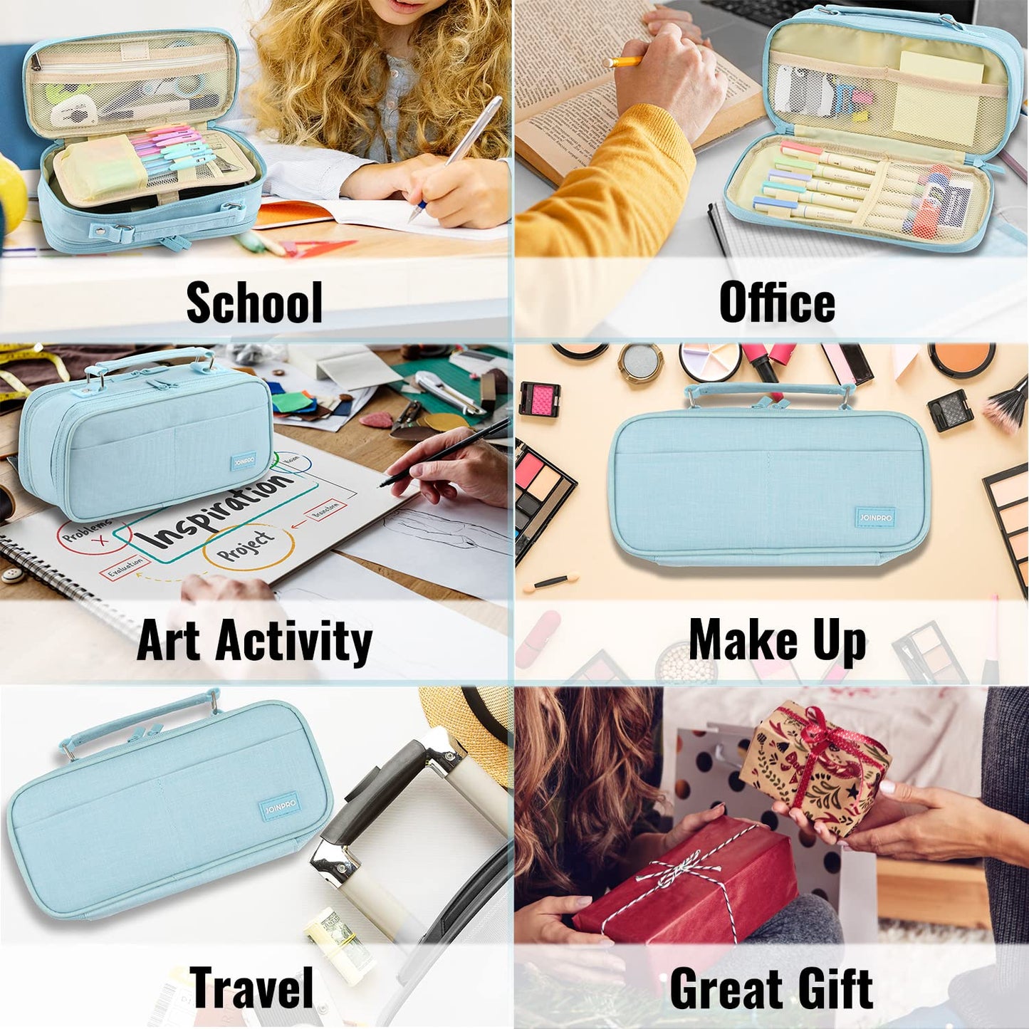 JOINPRO Large Capacity Pencil Case, 4 Compartment Pen Pouch Organizer with Double Zipper, Storage Bag for School, Office, Teen Girl Boy Men Women (Light Blue)