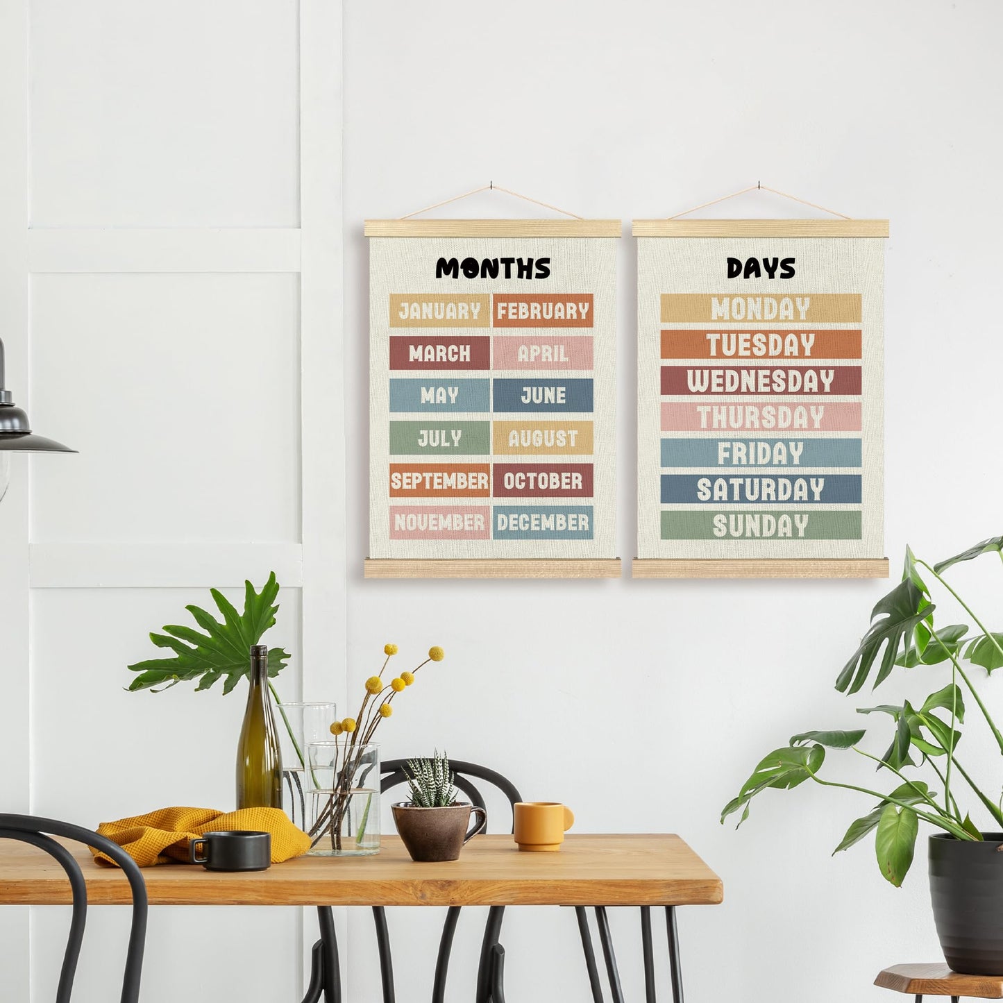 BCUANGD Classroom Wall Decor - Days of the Week Months of the Year Poster Hanger with Wood Frames Set of 2, Neutral Classroom Wall Hanging Canvas Decor for Kids Room Nursery Playroom, 12x16 Inches