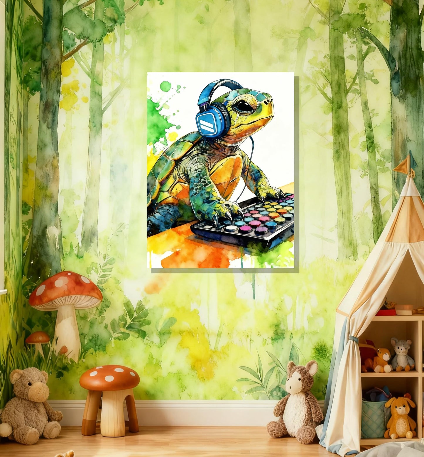Graffiti DJ Sea Turtle Canvas Wall Art Modern Funny Print 16x24 inch Green Tortoise with Headphones Teen Boy Gaming Room Cool Framed Animal Decor Kids Bedroom Gift Decor Men Office Home Poster